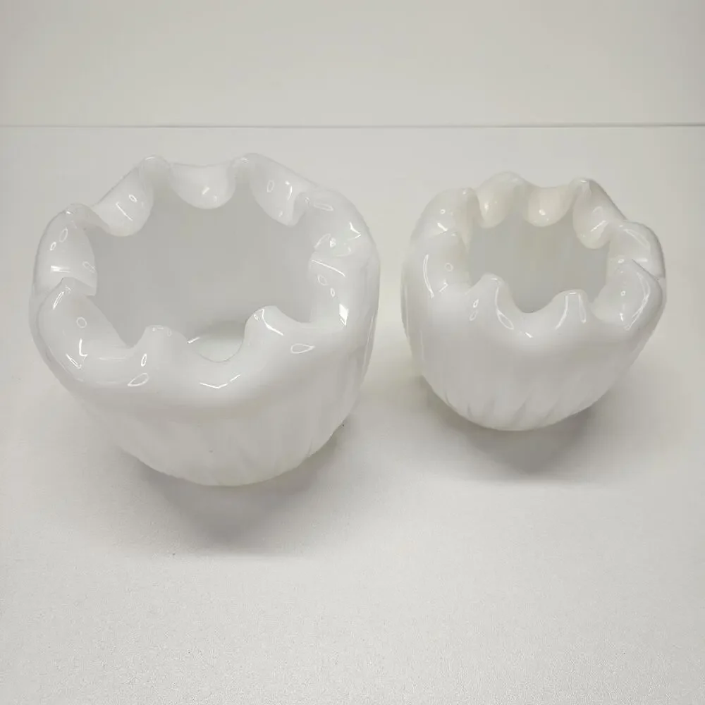 Vintage MCM Pinched Ruffled Rim White Milk Glass Ribbed Vase Planter Pot Set